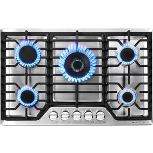 AMZCHEF 30 inch Gas Cooktop with 5 Made in Italy SABAF Power Burners.Max 48,300 BTU/hr Built-in Gas Stove top of 304 Stainless steel,NG/LPG Convertible, ETL.
