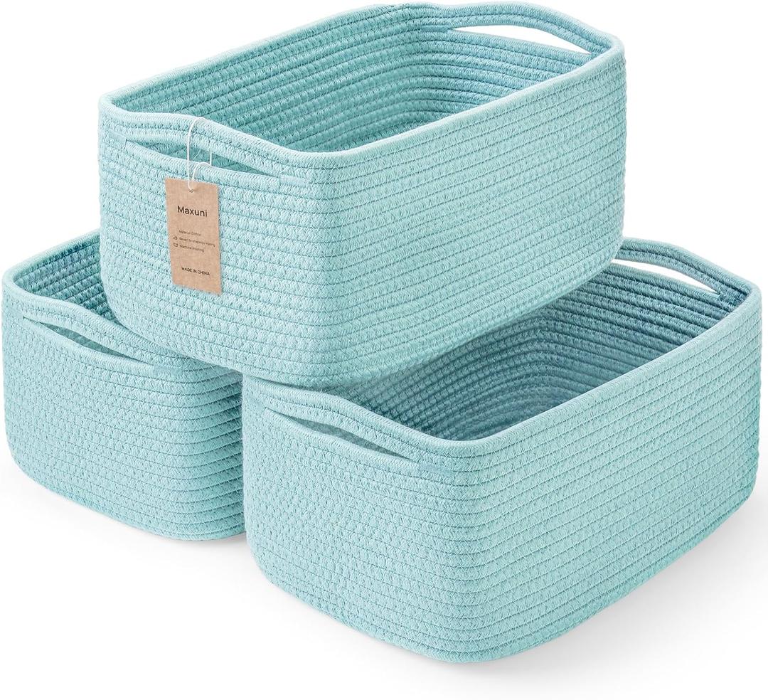 3-Pack Small Storage Baskets for Organizing | Woven Shelf Toy Basket | Rope Baskets for Gifts Empty | Closet Organizer Bins with Handles | Cube Decorative Box | 11.87.85.1 | Light Blue