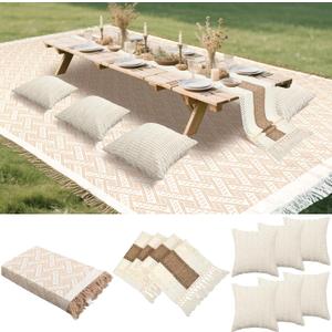91 x 71 Extra Large Outdoor Boho Picnic Blanket with Beige White Table Runner and 6 Throw Pillow Covers Woven Cotton Yarn Oversize Beach Blanket Washable for Summer Picnic Camp Beach Wedding
