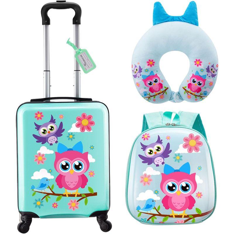 Sanwuta 4 Pcs Kids Luggage Set Kids Backpack Travel Rolling Suitcase with Wheels U-shape Pillow Childrens Gift for Girls Boys(17 Inch, Owl Style)