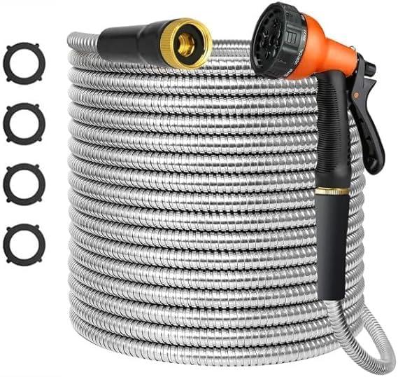 Metal 100 FT Garden Hose, Stainless Steel Heavy Duty Water Hoses Adjustable Spray Nozzle Lightweight No Kink Garden Hoses for Yard, Outdoor,Car