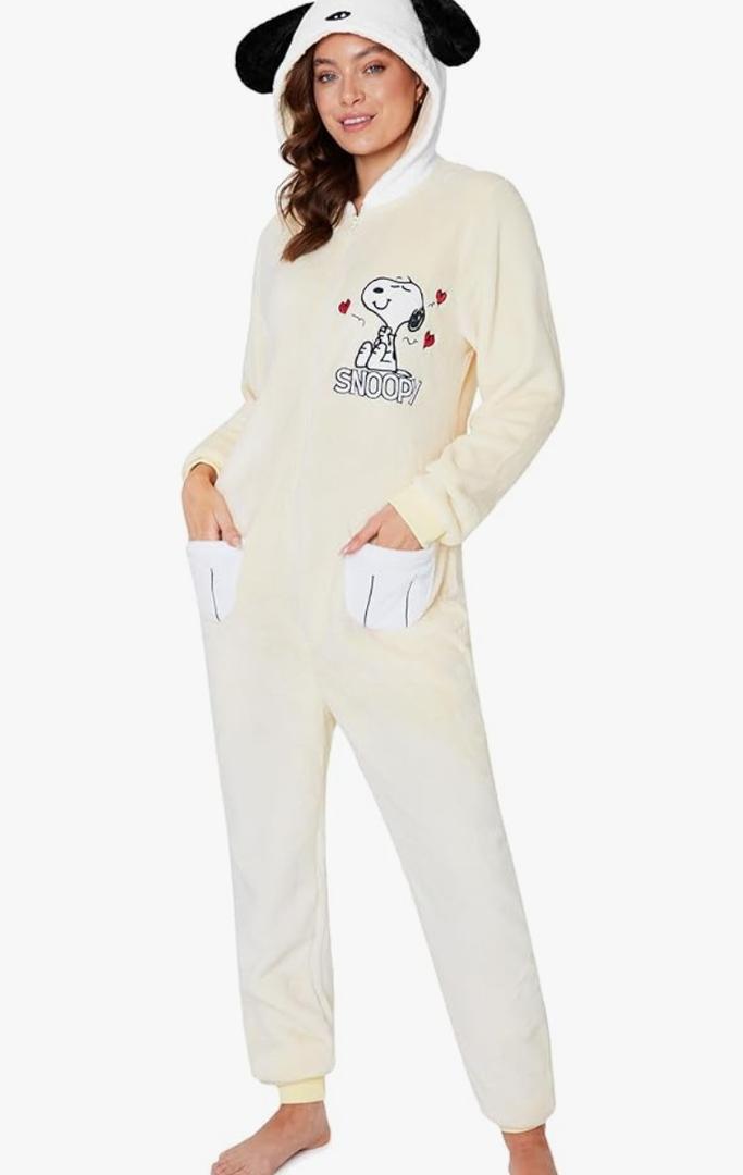 Peanuts Snoopy One Piece Pajamas for Women, Teens, Fleece Jumpsuit, Sleepwear, Loungewear, Cozy PJs, Gifts for Women, XL