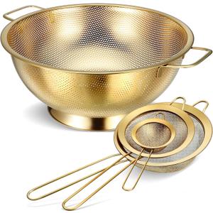Norme 3 Quart Stainless Steel Gold Colander Gold Fine Mesh Strainer, Stainless Steel Pasta Rice Food Metal Strainer with Handles, Easy Clean and Dishwasher Safe