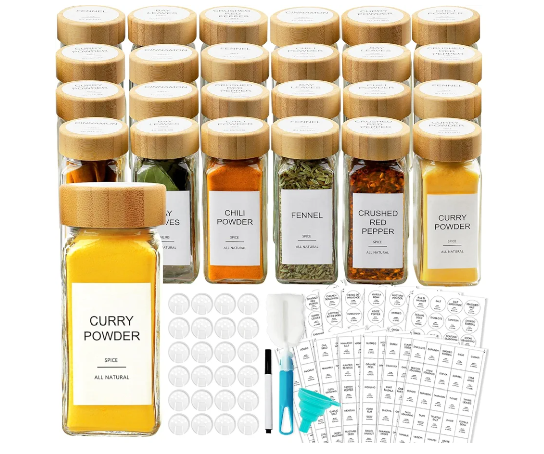 AISIPRIN Glass Spice Jars with 398 Labels, 24 pcs 4oz Spice Containers with Bamboo Lids, Square Spice Bottles With Shaker Lids,Spice Organization for Cabinet,Drawer,Rack,Seasoning Organizer