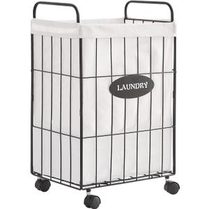 Mxfurhawa Iron Wire Laundry Hamper With Rolling Lockable Wheels, Folding Laundry Storage Basket with Handles, Detachable Liner Collapsible Dirty Laundry Cart Sorter Clothes Basket Organizer (23.6 inch) (White-81)