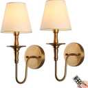 Antique Wall Sconces Battery Operated Set of 2,No Wiring Rechargeable Wall Lights with Remote , Brass Vintage Fabric Shade Wall Lamp Fixtures Gold for Living Room Bedroom Hallway Farmhouse TV
