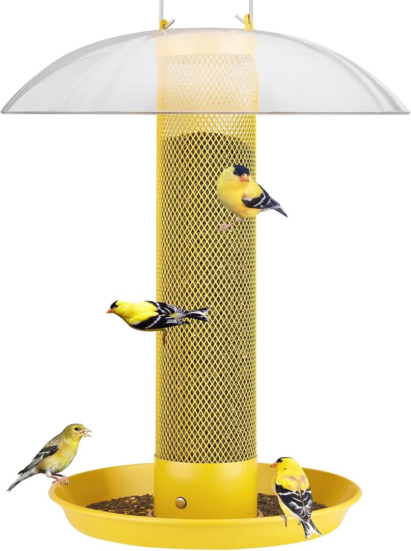 Kingsyard Finch Bird Feeder for Outdoors Hanging, Metal Mesh Tube Bird Feeders for Thistle & Nyjer Seed, Large Removable Tray & Rainproof Dome, 2.5 lbs Seed Capacity, Yellow