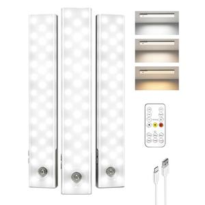 EZVALO 3-Pack Under Cabinet Lighting, 2000mAh Rechargeable Wireless Motion Sensor Lights, 62LEDs, 3 Color Temps, Dimmable, Timer, Magnetic, with Remote Control for Kitchen, Closet, Stair