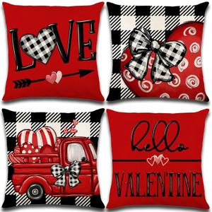 Valentines Day Decorations-Throw Pillow Covers 18x18 in Set of 4,Valentine Linen Pillow Case with Red Buffalo Plaid Heart Love Truck for Large Couch Sofa Home Inside Outside Holiday Party Decor
