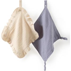 Loveys for Babies, 2 Pack Organic Cotton Muslin with Attachable Snap Closure - Loveys for Babies Newborn Baby Lovey Security Blankets (Khaki)