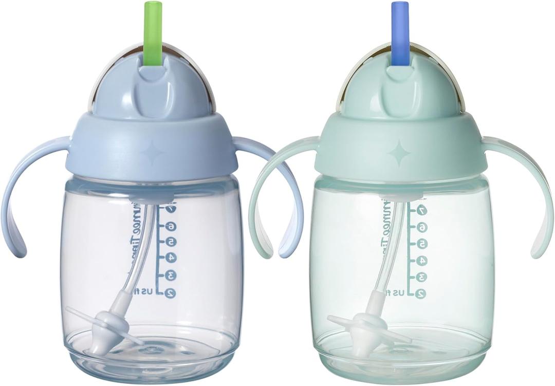 Tommee Tippee Starter Weighted Straw Baby & Toddler 10oz Sippy Cup for 6 Months+, with Silicone Weighted Straw and EasyHold Handles, BPA Free, Blue & Green, Pack of 2