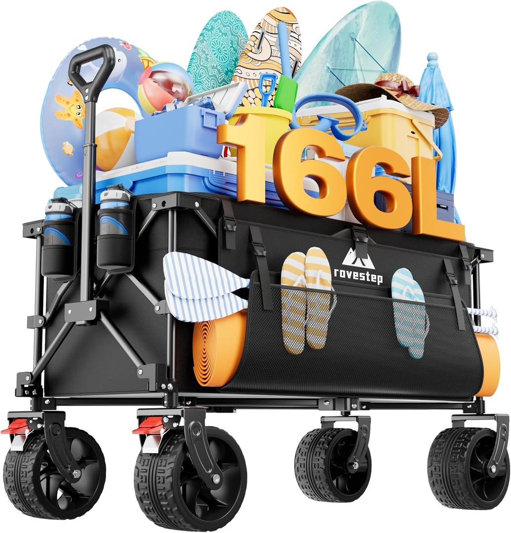 Heavy Duty Collapsible Beach Wagon with Big Wheels  All-Terrain Foldable Utility Cart, 166L Capacity, 450lbs Load Folding Wagon for Sand, for Outdoor, Gardening, Camping, Sports, and Grocery (Black)