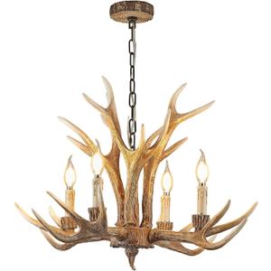 Antler Chandelier 4 Lights, Vintage Rustic Farmhouse Brown Art Deco Style Ceiling Lighting, E12 Base Compatible, Perfect for Living Room Dining Room Bedroom (4 Lamp Arms +3 Arms)
