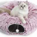 AUOON Cat Tunnel Bed for Indoor Cats - Large Cat Donut Tunnel with Hanging Ball Toy, Collapsible 2-in-1 Multifunctional Interactive Cat Toy for Kitten, Puppy, Rabbit, Ferret (Rosiness)