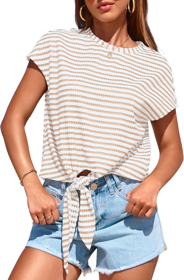 PRETTYGARDEN Womens Tops 2025 Cute Summer Cap Sleeve Crewneck Tie Knot Striped Shirts Casual Loose Blouses Knit Crop Top (Medium, Stripes White and Apricot)