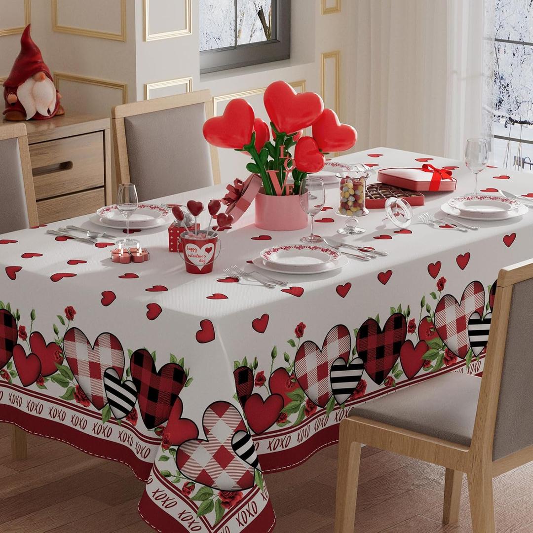 XCHI Plaid Love Hearts Valentines Day Tablecloth Rectangle Table Cloth Washable Table Covers for Indoor Outdoor Dining Home Party Decorations 52x70 Inch