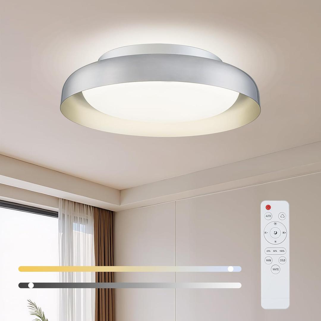 Ken & Ricky Flush Mount Ceiling Light Fixture, Led Dimmable 24w for Bedroom Kitchen Bathroom Laundry Hallway Entryway,Remote Control (Brushed Nickel,12Inch,1PK)