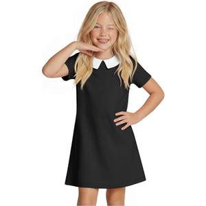 Summer Dress for Girls Doll Collar Short Sleeve A Line Swing Party Dresses with Pocket for Kids Aged 9-10 Years (Black)