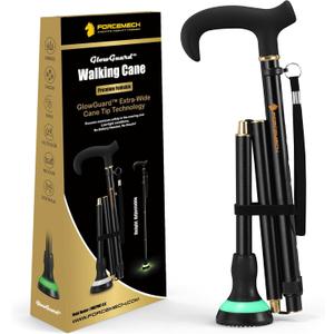 GlowGuard Walking Cane for Men & Women - Extra-Wide 2.68" Glow Cane Tip with Photoluminescent Ring, Height Adjustable (31.1" to 37.8"), 350Lbs Capacity, Matte Black