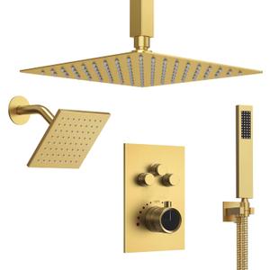 Ceiling Mount 12" High-Pressure Rainfall Shower Faucet, Dual Rainfall Shower Head System with Valve (Brushed Gold)