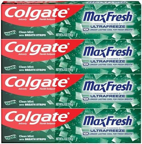 Colgate Max Fresh Toothpaste, Whitening Toothpaste with Mini Breath Strips, Clean Mint Toothpaste for Bad Breath, Helps Fight Cavities, Whitens Teeth, and Freshens Breath, 4 Pack, 6.3 Oz Tubes