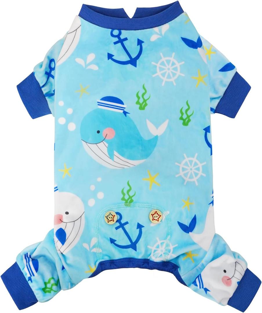 KYEESE Dog Pajamas Velvet Dog Pajamas Small Sized Dogs Soft Dogs Clothes Pjs with Whale Pattern Stretchy Pet Jammies Coat Comfy Pet Onesie Costume, X-Large