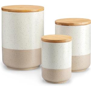 vancasso Sabine Ceramic Canister Set with Airtight Wood Lids - 3-Piece Kitchen Storage for Flour, Sugar, Coffee, Tea & Spices - Modern Countertop Decor