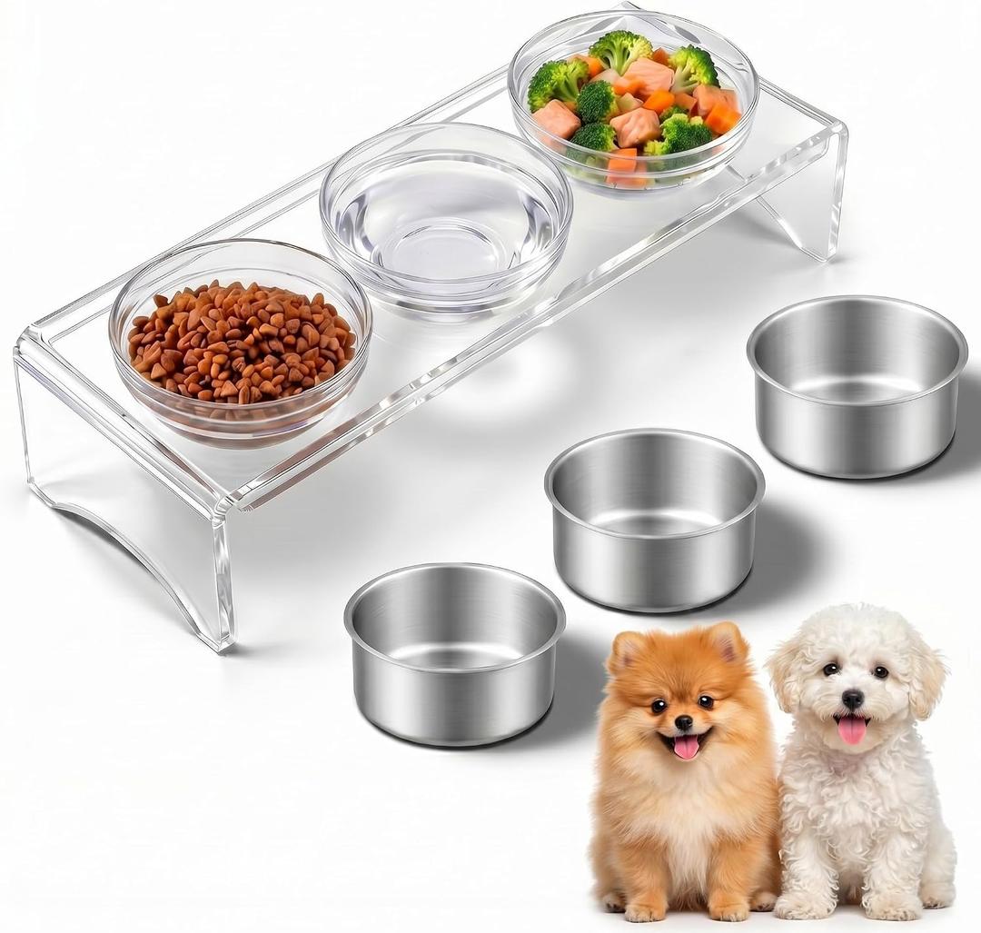 Elevated Acrylic Dogs Bowl Stand, 3.75" Tall Raised Cat & Dog Bowls with 3 Stainless & 3 Glass, Non-Slip, Easy to Clean, Raised Dog Bowls for Small Dogs, Cats, Pets, Puppy