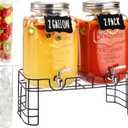 2 Gallon Glass Drink Dispenser for Parties, 2 Pack Beverage Dispenser with Stand, Lemonade Dispenser with 18/8 Stainless Steel Spigot, Leakproof for Sun Tea, Juice, Picnic, BBQ & Bars