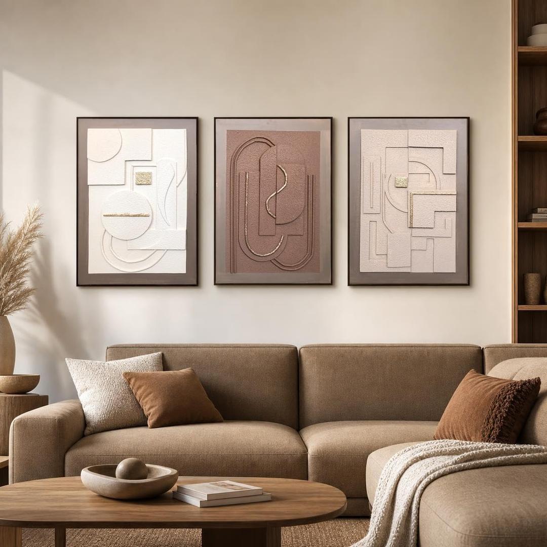 3D Textured Geometric Wall Art for Living Room- 3 Pieces Modern Abstract Sculptural Wall Decor for Hallway, Metal Framed Boho Artwork for Bedroom Office Home Decor Ready to Hang 60×28inches, 20"x28"x3