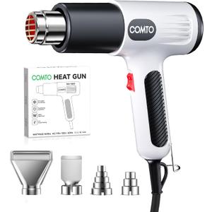 1600W Heat Gun, Hot Air Gun with 2 Temp Settings, 4 Nozzles, Overheat Protection, for Shrink Tubing, Shrink Wrap, Crafting, Resin, and DIY Projects - White