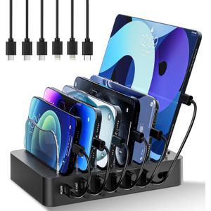 Charging Station for Multiple Devices 68W 6 Port Phone Charger Dock with 6 Cables, 20W Black Fast Charging Station Compatible with Apple Cellphone iPad iPhone Tablet(Black)