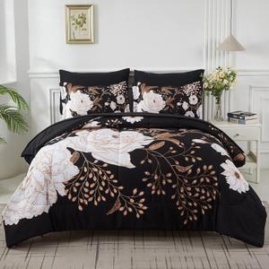 Yogeneg 7 Piece Bed in a Bag Queen Comforter Set Botanical Floral Bedding Set,White Flowers Leaves Printed on Black Reversible Design,Soft Microfiber Comforter with Sheet Set,All Season (Black Floral)