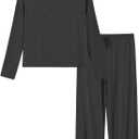 Latuza Women's Petite 2 Piece Pj Lounge Set Petite Length Top Wide Leg Pants (Dark Gray), Small