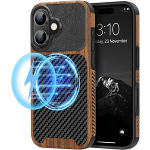 TENDLIN Magnetic Case Compatible with iPhone 16 Phone Case Wood Grain with Carbon Fiber Texture Design Leather Hybrid Slim Case (Compatible with MagSafe) Black