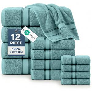 LANE LINEN Towels for Bathroom  12 Pack, 100% Cotton Towel Sets, Zero Twist, 4 Bath, 4 Hand Towel & 4 Wash Cloths, Highly Absorbent, Luxury Hotel & Spa Quality, Machine Washable  Teal