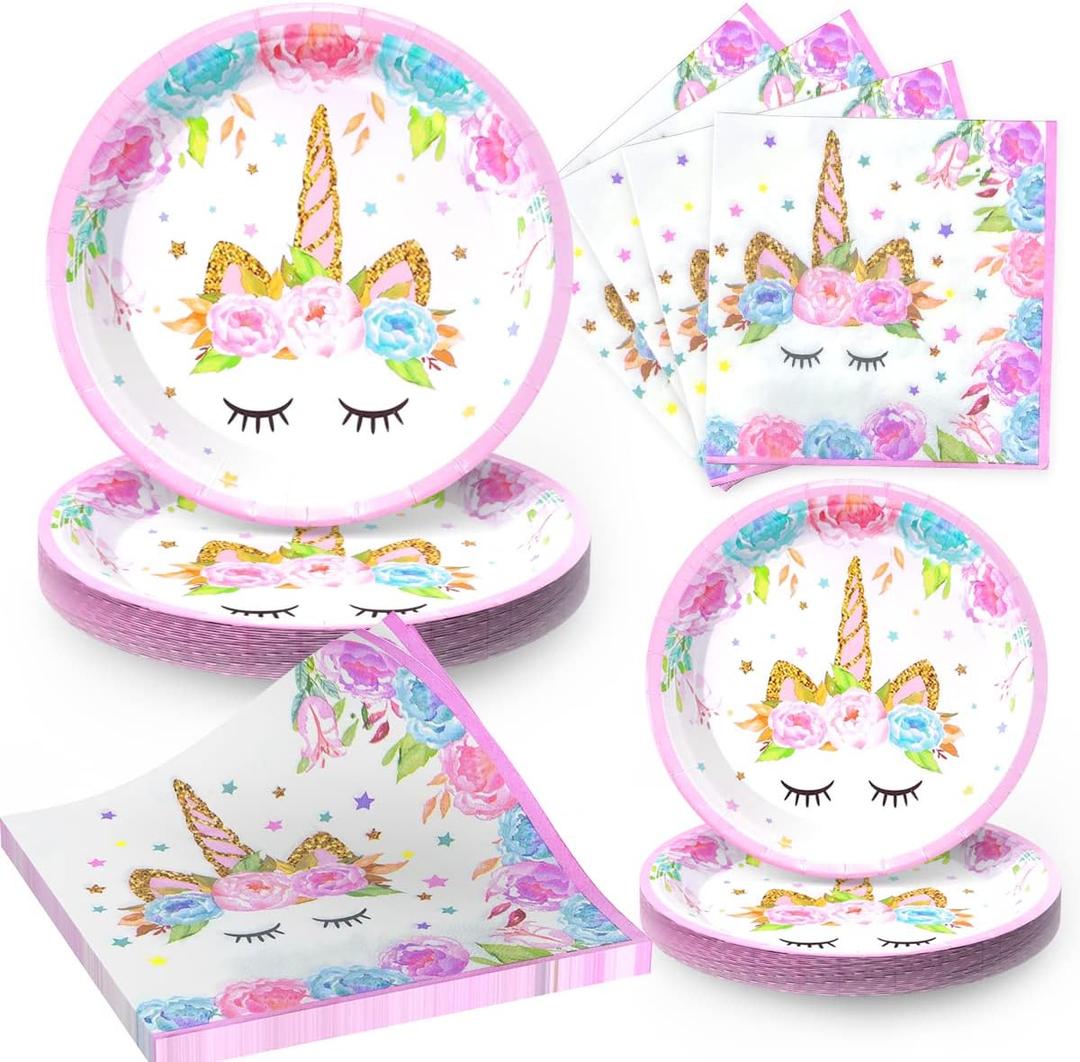 Unicorn Birthday Plates Napkins for Birthday Party, Unicorn Party Decorations for Girls, 96 Pcs Magical Party Supplies