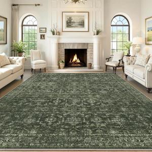 Washable Area Rug 9x12 Green Rugs for Living Room, Vintage Boho Large Rug for Bedroom Dining Room Office, Distressed Floral Print Carpet for Under Table, Soft Non Slip Low Pile Throw Carpet Indoor Mat