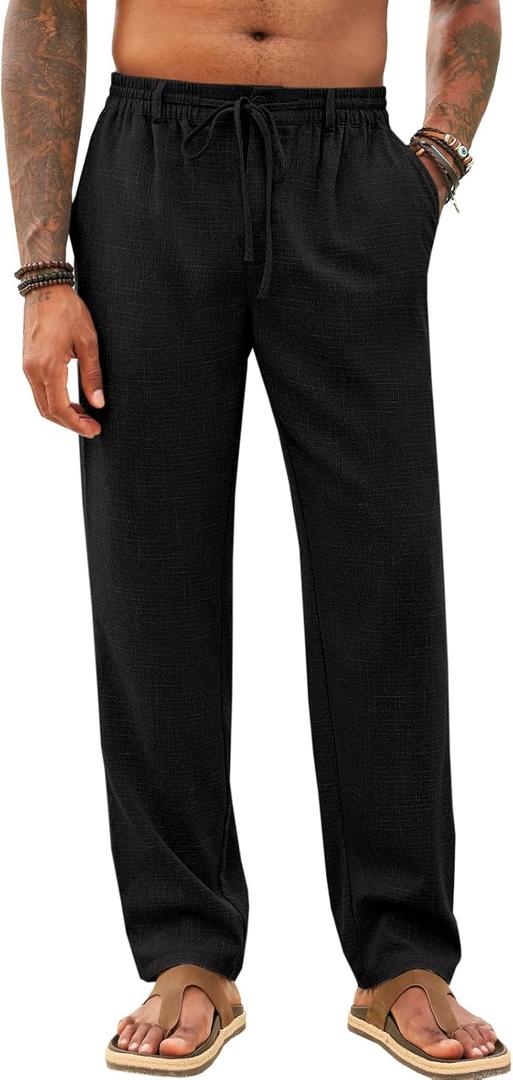 Runcati Mens Linen Pants Summer Beach Casual Pajama Pants with Pockets | Elastic Waist Drawstring, Faux Linen, Loose Straight Leg, Lightweight, Casual Wear, Streetwear, Party, Yoga, Lounge Trousers (Black)