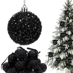 Wesiti 24 Sets 2.6 Inch Black Glitter Christmas Ball Ornament Set 24 Sparkly Shatterproof Tinsel Ball Ornament with 24 Bow Sequin Hanging Xmas Tree Decoration Indoor Outdoor for Xmas Wedding Decor
