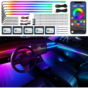 Dreamcolor Acrylic Interior Car LED Strip Light with Wireless APP, RGB 18 in 1 with 175 inches 600 LEDs Fiber Optic Car Ambient Lighting Kits, Dual Zone Sound Active Function LED Strip for Car