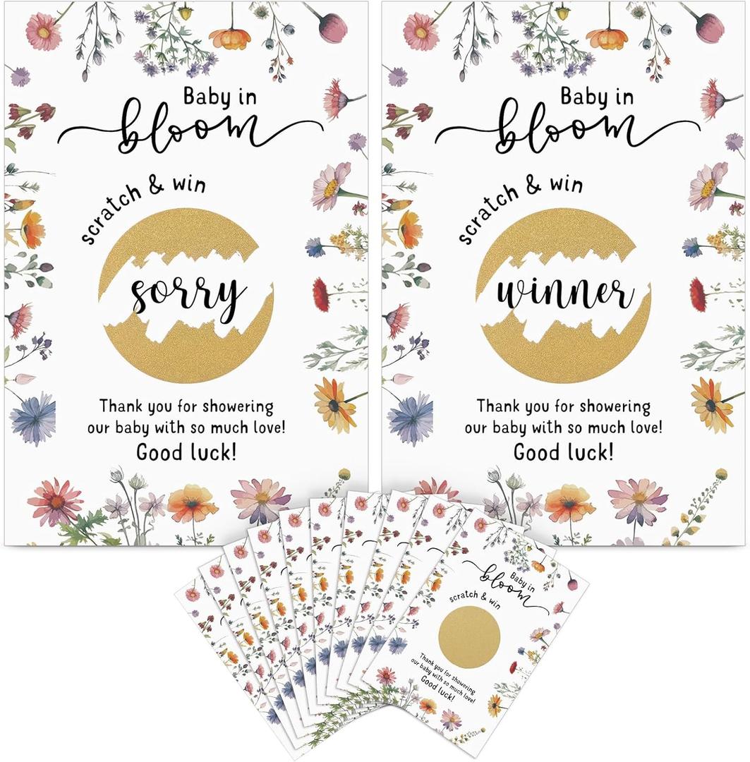 Affrolling 100 Pcs Wildflower Baby Shower Scratch off Cards for Guests Baby in Bloom Funny Thank You Spring Wildflower Gender Reveal Game Raffle Cards for Gender Reveal Party Supplies