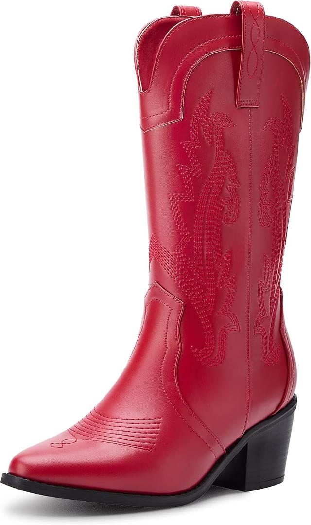 Women's Cowboy Boots Pointed Toe Western Boots Embroidered Mid-Calf Chunky Block Heel Cowgirl Boots (Red)