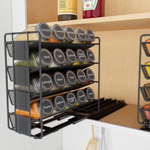 SpaceAid Pull Out Spice Rack Organizer with 20 Jars, Heavy Duty Slide Out Seasoning Organizer for Kitchen Cabinets, with 801 Labels and Chalk Marker, Right Facing