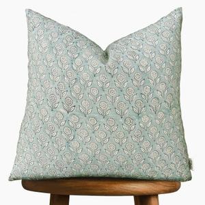 Hand-Block Printed, Artisan-Made Neutral Accent Throw Pillow Covers- 100% Cotton Cushion for Sofa, Bed, Chair, Home Decor, Boho, Indoor - Adeline (Misty Green, 20" x 20")