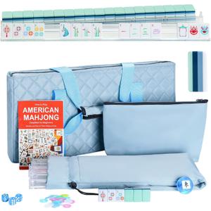 American Mahjong Set with Blue Carrying Bag and Accessories, 160 Acrylic 4 Layer Engraved Tiles, 4 All-in-One Transparent Rack/Pushers, 1.26 Mahjong Tile Set (Green), 20.47 x 3.15 x 9.64 inches