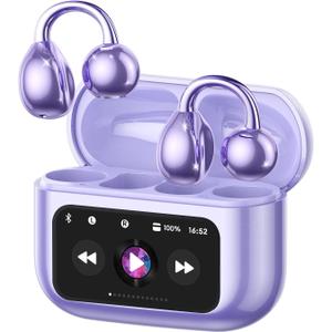 M100 Clip On Ear Headphones, Open Ear Earbuds Wireless Bluetooth 5.4, Clip On Earbuds with LCD Touchscreen, Lightweight Comfort Open Ear Headphones for Sports, Fitness, and Workouts, Purple