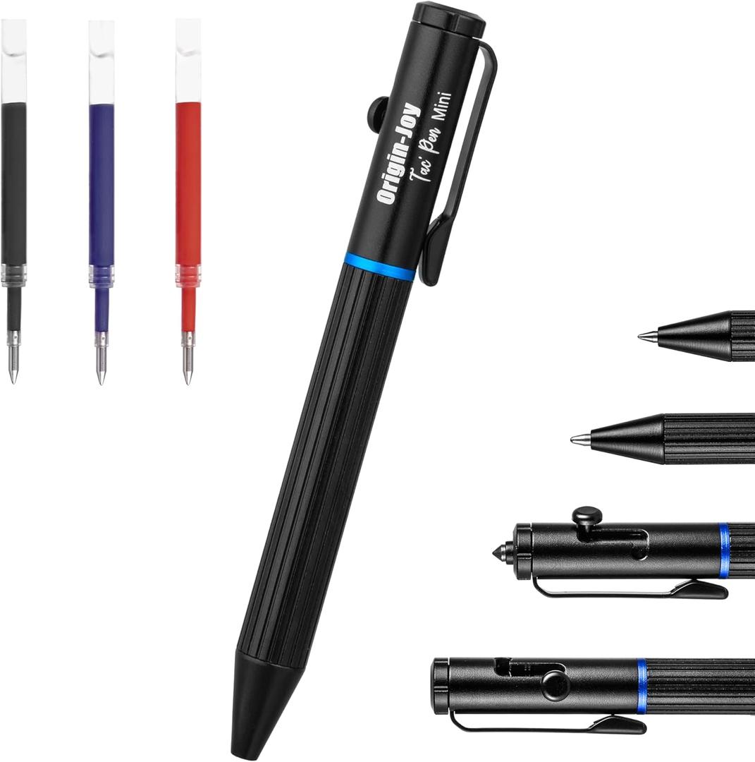 Origin-Joy Mini EDC Bolt Action Tactical Pen, Retractable Tungsten Steel Tip, Compatible with Both Ballpoint and Gel Refills (Black)