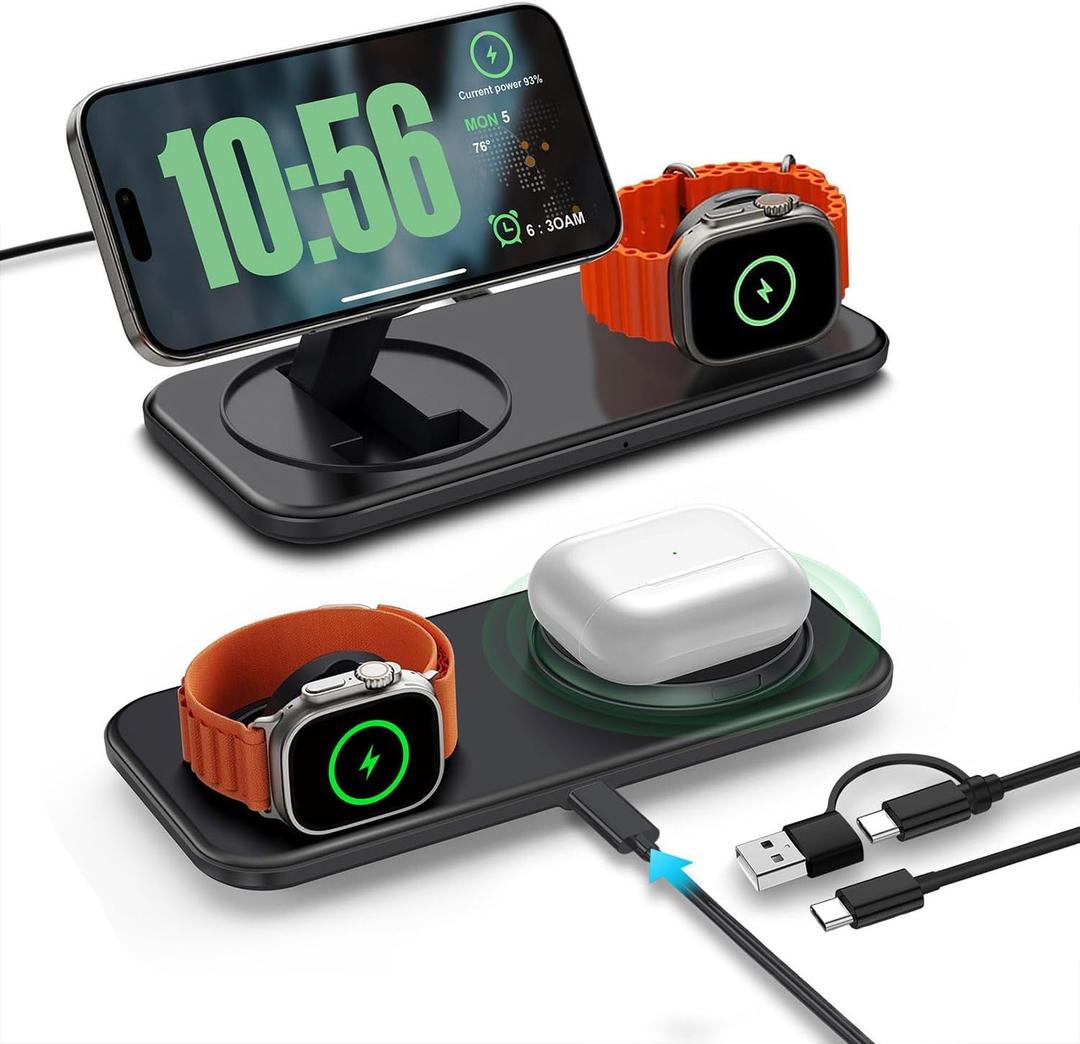 2 in 1 Wireless Charger for Mag-Safe Charging, 15W Fast Magnetic Wireless Charging Pad Stand for iPhone 16/15/14/13/12/Pro/Pro Max/Plus,AirPods,Apple Watch Series 10/9/8/7/6/SE/5/4/3/Ultra 2 (Black)