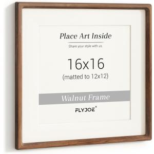 16x16 Picture Frame, USA-Sourced Natural Walnut Wood Photo Frame with Tempered Glass, Handcrafted Rounded Corner 16 x 16 Wooden Frame Matted to 12x12 Photos, Horizontal or Vertical Wall Mounting, 16x16, 1P